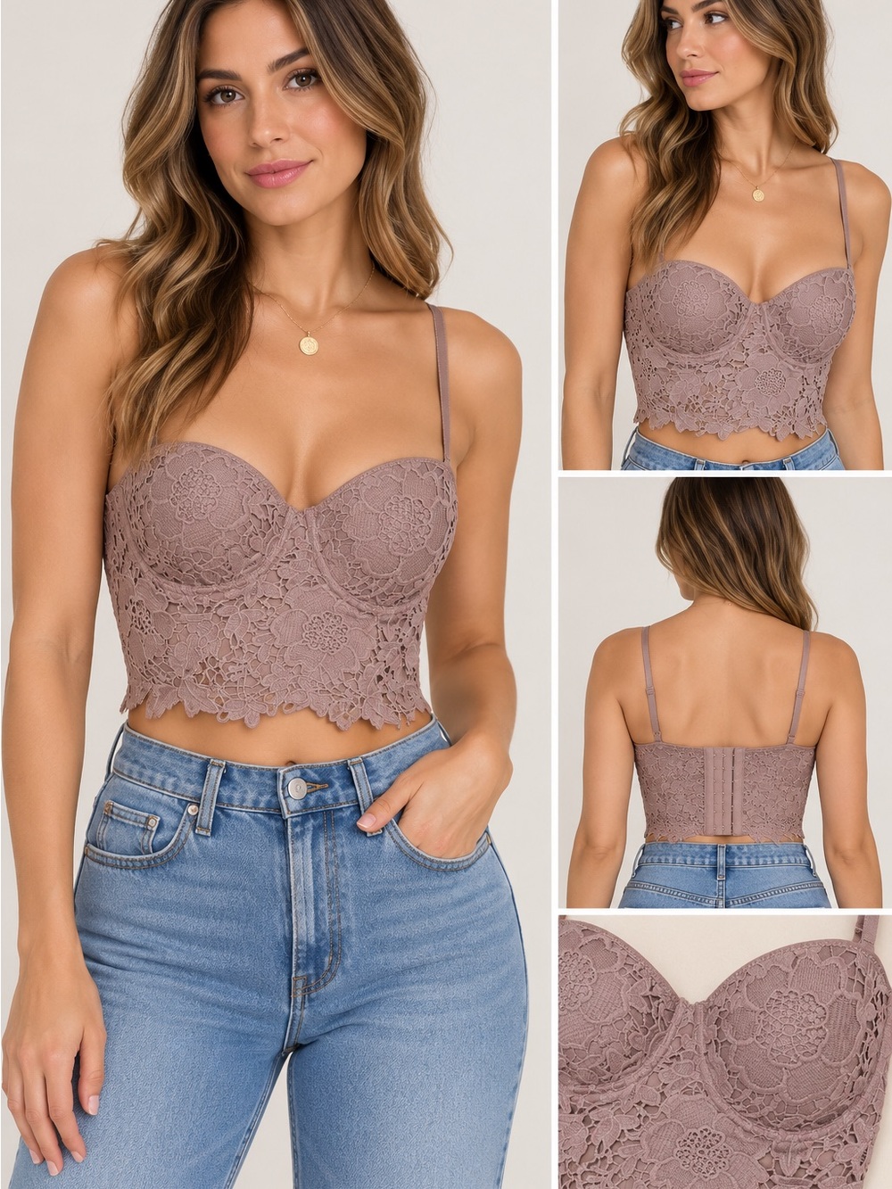 Lace Longline Bandeau Crop Top - Mauve Floral Bustier
